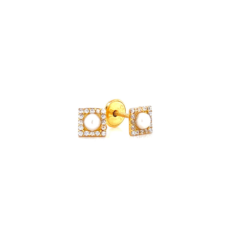 18K Yellow Gold Pearl & Cz Square Halo Earrings
