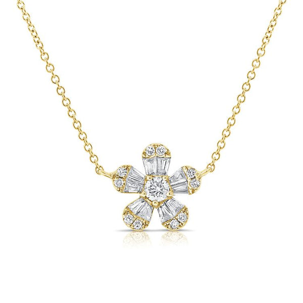 14K Yellow Gold Baguette Diamond Flower Necklace
