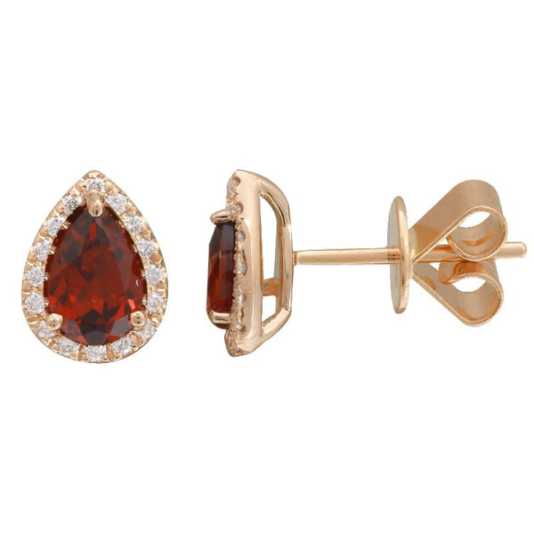 14K Rose Gold Garnet  & Diamond Pear Gemstone Earrings