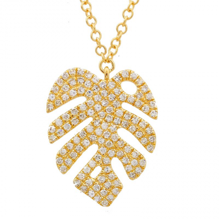 14k Yellow Gold Monstera Leaf Diamond Necklace