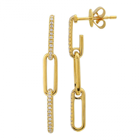 14k Yellow Gold Diamond Link Dangling Paper Clip Earrings