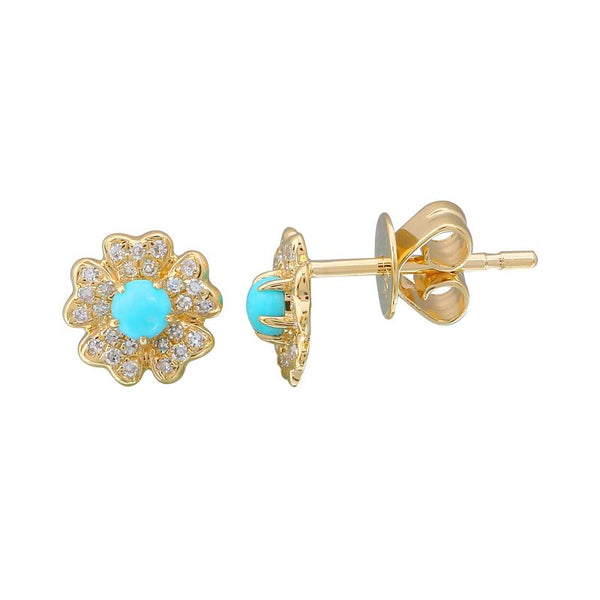 14k Yellow Gold Diamond and Turquoise Flower Stud Earrings