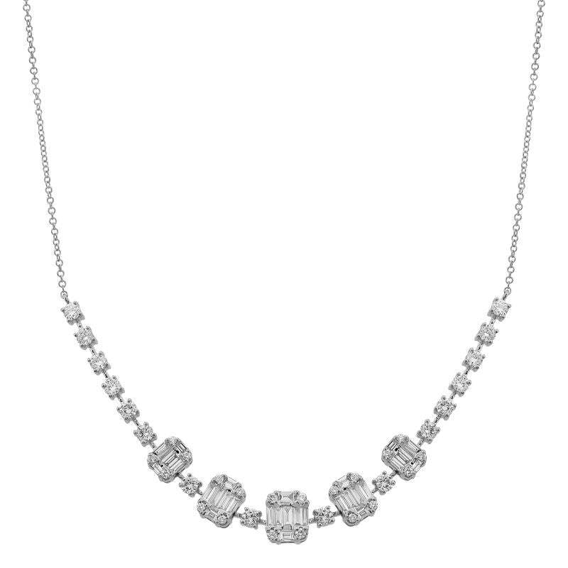 14k White Gold Round Diamond and Baguette Necklace