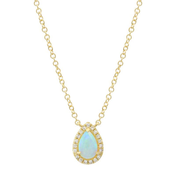 14k Yellow Gold Pear Opal Diamond Halo Necklace