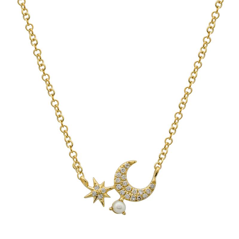 14k Yellow Gold Diamond and Pearl Moon and Star Necklace