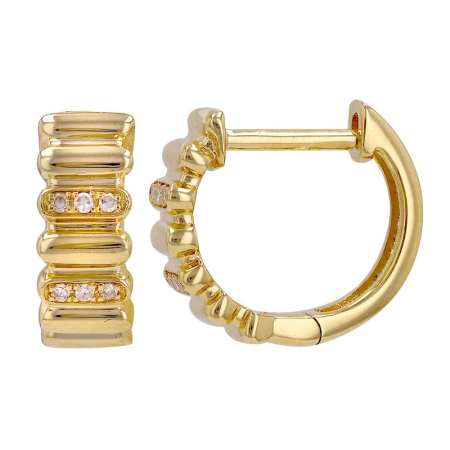 14K Yellow Gold Diamond Fluted Huggie Hoop Earrings