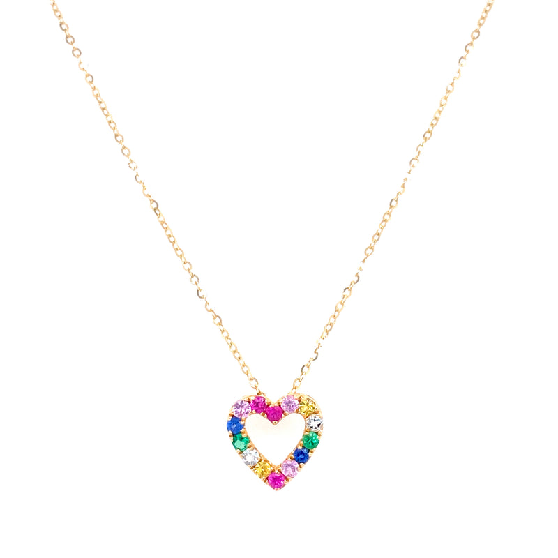 14K Yellow Gold Diamond Multi Gemstone Open Heart Necklace