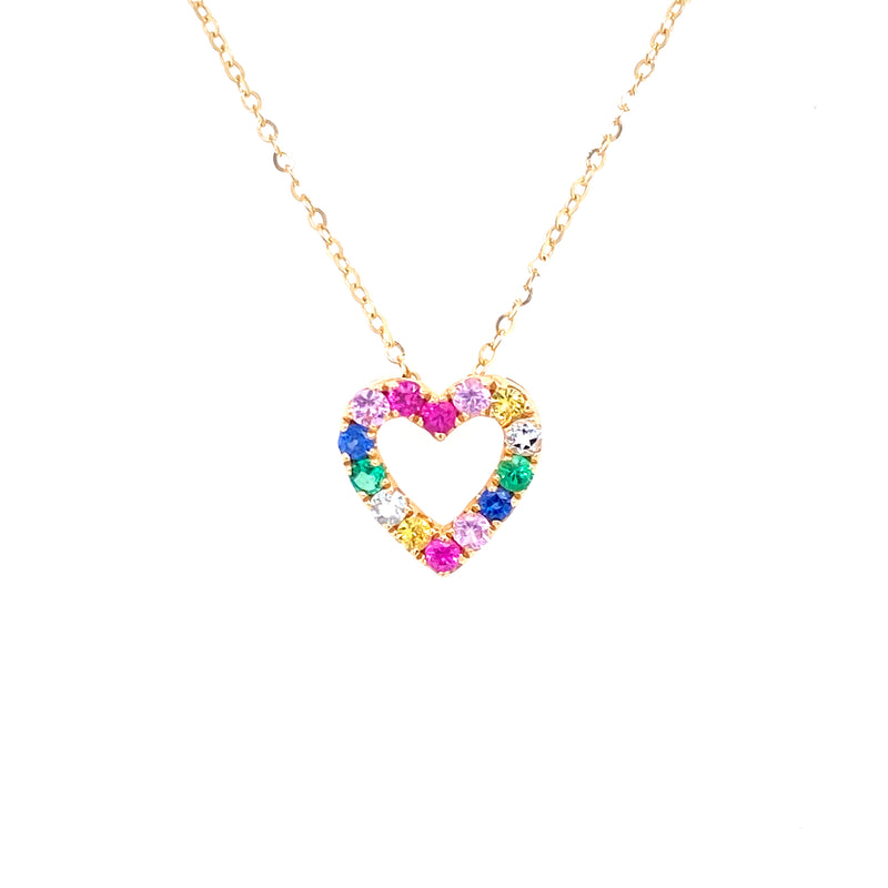 14K Yellow Gold Diamond Multi Gemstone Open Heart Necklace