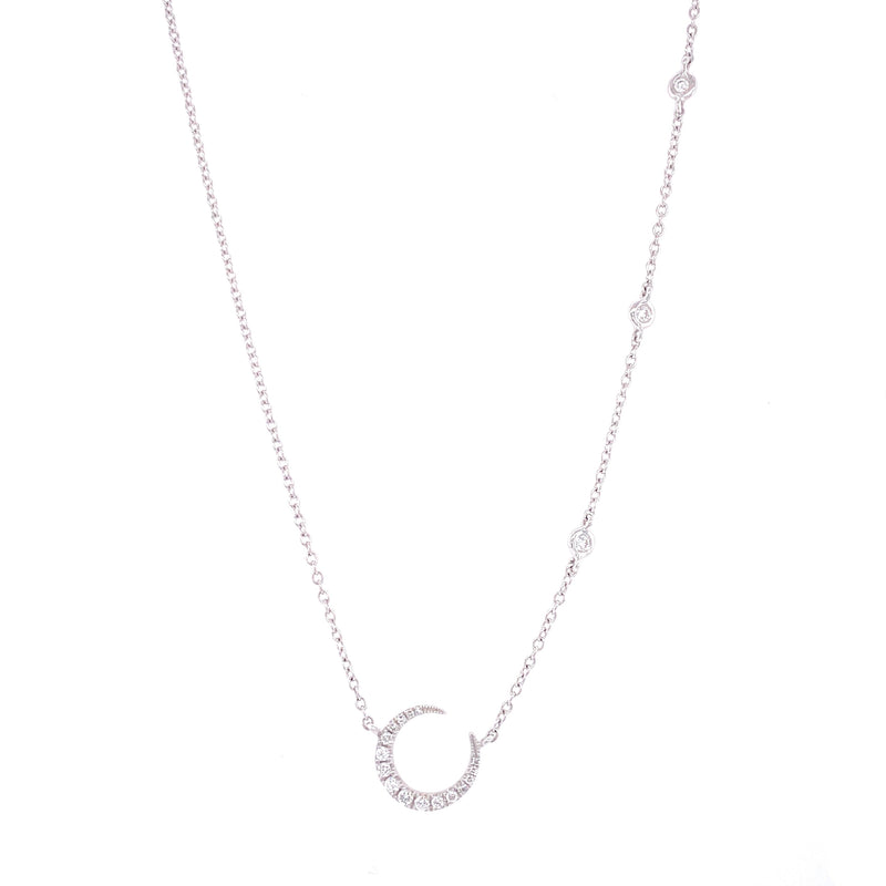 14K White Gold Diamond Crescent Moon + Diamond Bezel Necklace