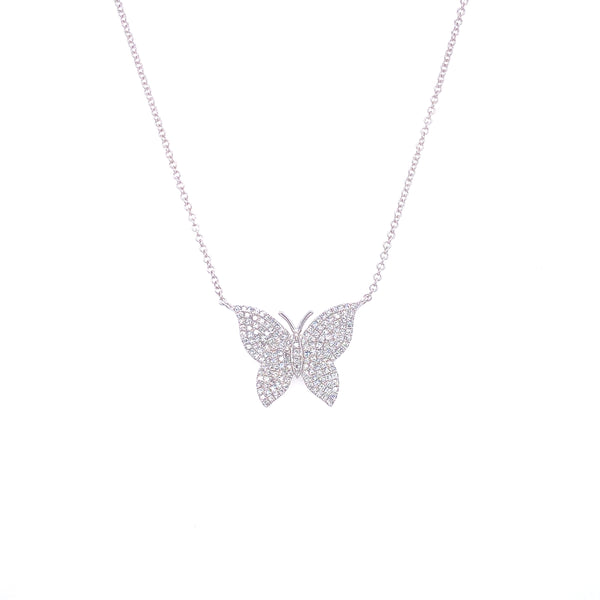 14K White Gold Pave Diamond Butterfly Necklace