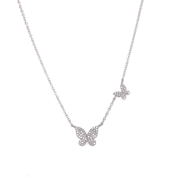 14K White Gold Diamond Double Butterfly Necklace