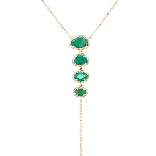 14K Yellow Gold Diamond + Emerald Lariat Necklace
