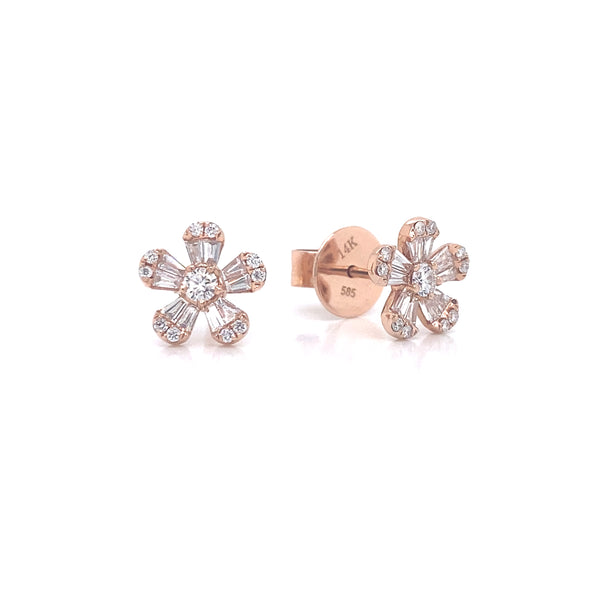 14K Rose Gold Diamond Flower Earrings (X-Small)