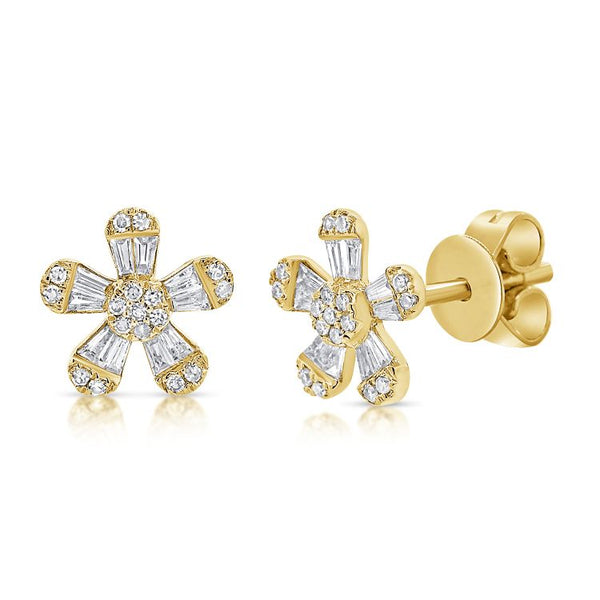 14K Yellow Gold Diamond and Baguette Flower Earrings