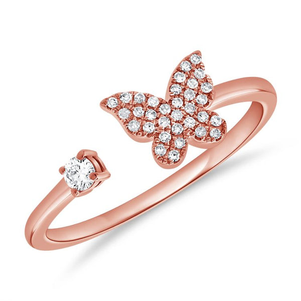14K Rose Diamond Open Cuff Butterfly Ring