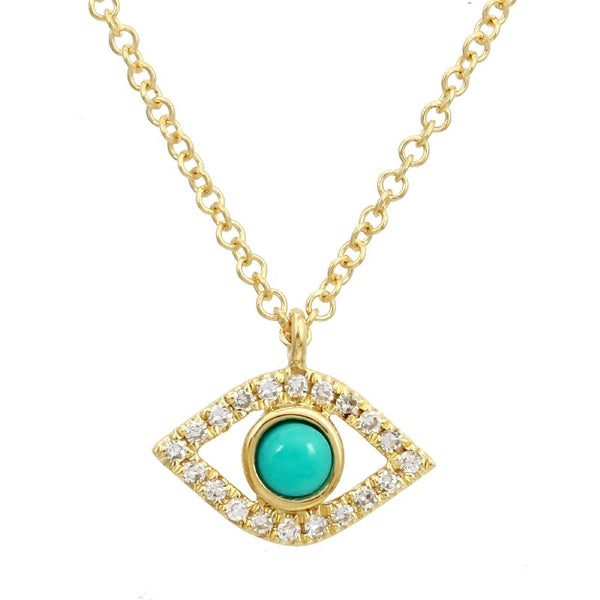 14K Yellow Diamond and Turquoise Evil Eye Necklace