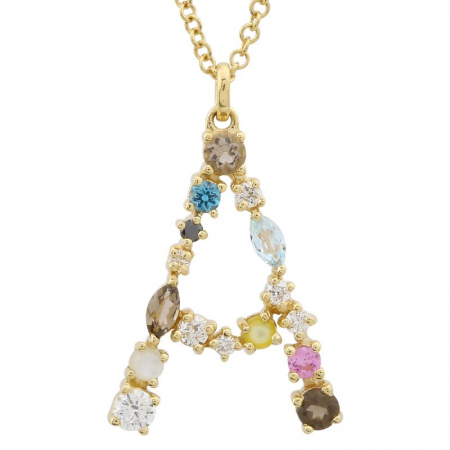 14K Yellow Gold Multi Color Stones Initial "A" Necklace