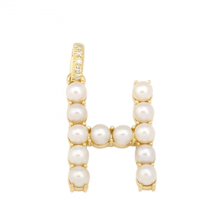 14k Yellow Gold Pearl Initial "H” With Diamond Bail Charm/Pendant