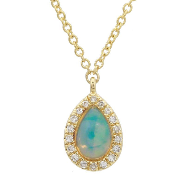 14k Yellow Gold Diamond & Opal Pear Necklace