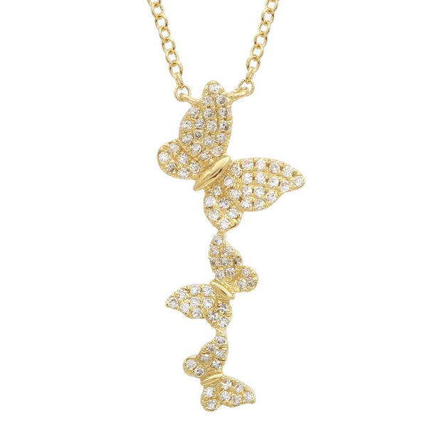 14K Yellow Gold Diamond Triple Butterfly Necklace
