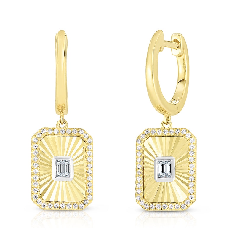 14K Yellow Gold Fluted Baguette and Pave Diamond Earrings