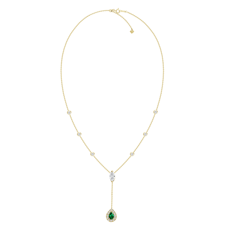 18K Yellow Gold Diamond + Emerald Y Necklace