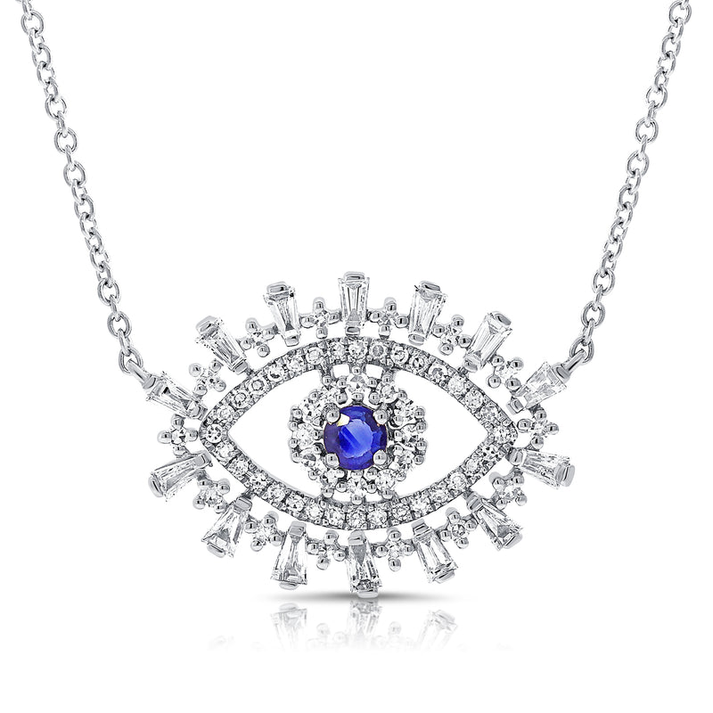 14K Yellow Gold Diamond + Sapphire Evil Eye Necklace