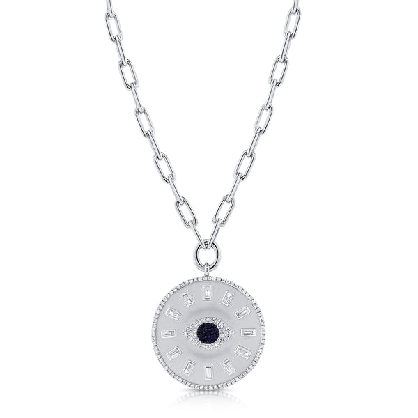 14K White Gold Diamond + Sapphire Evil Eye Coin Necklace
