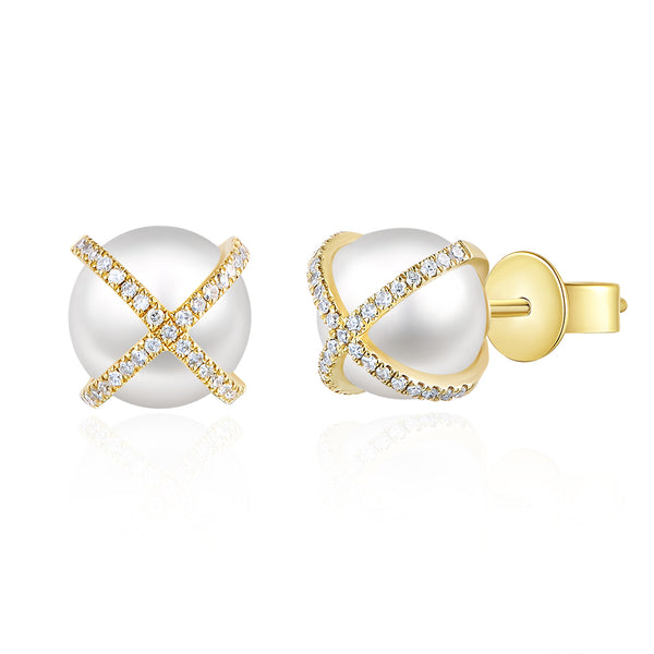 14K White Gold Diamond X + Pearl Earrings