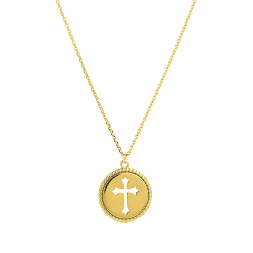 14K Yellow 12mm Cut out Cross Disc Necklace