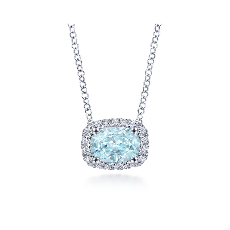 14K White Gold Diamond Rectangle Halo and Oval Aquamarine Necklace