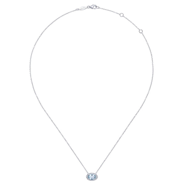 14K White Gold Diamond Oval Halo + Oval Aquamarine Necklace