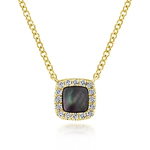 14K Yellow Gold Black Mother Of Pearl Square Necklace