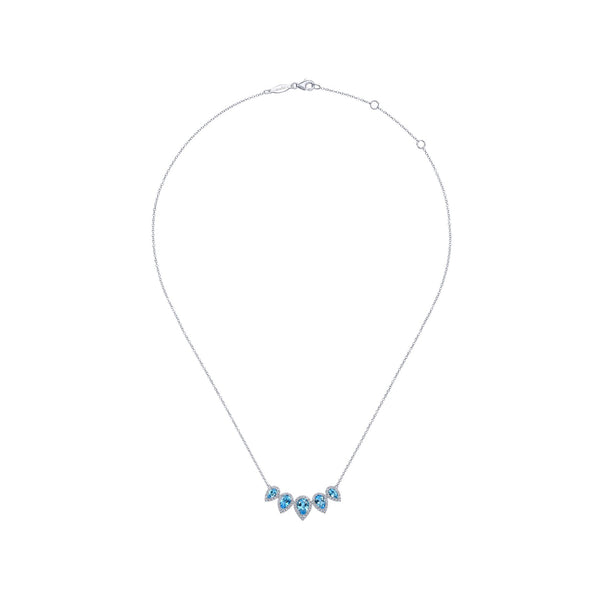 14K White Gold Diamond Halo + Blue Topaz Necklace