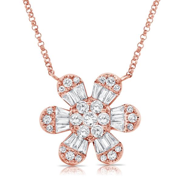 14K Rose Gold Baguette Diamond Large Flower Necklace