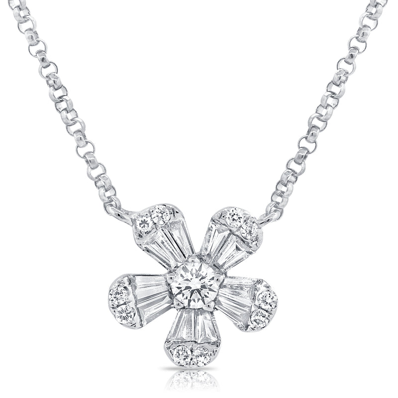 14K White Gold Diamond Small Flower Necklace