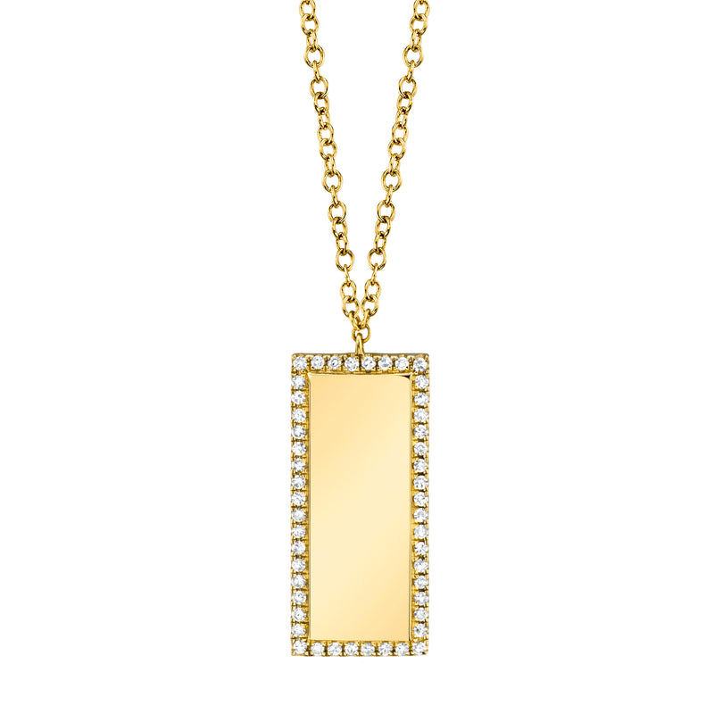 14K Yellow Gold Diamond Border Rectangle Bar ID Necklace