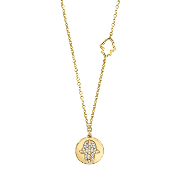 14K Yellow Gold Diamond Hamsa Disc Necklace