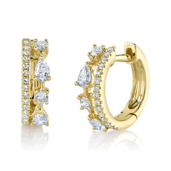 14K Yellow Gold Round and Pear Diamond Huggie Earrings