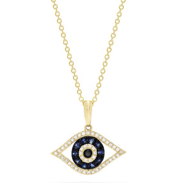 14K Yellow Gold Sapphire & Diamond Evil Eye Pendant