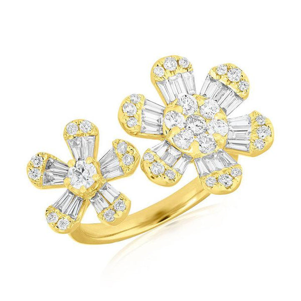 14k Yellow Diamond Baguette Double Flower Ring