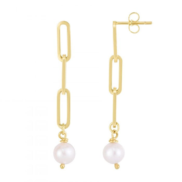 14K Yellow Gold Pearl Paperclip Link Earrings