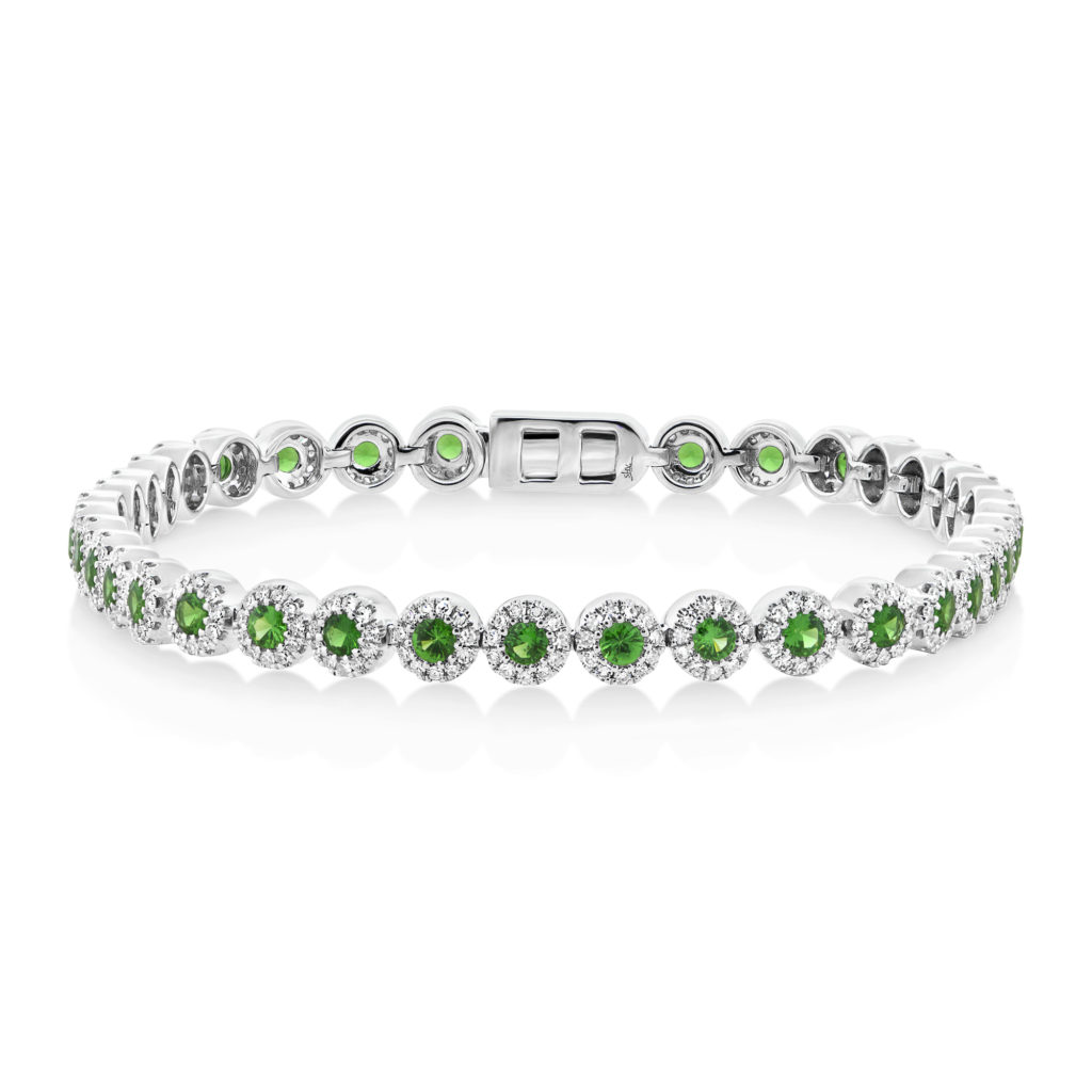 14K White Gold Green Garnet Sapphire and Diamond Tennis Bracelet