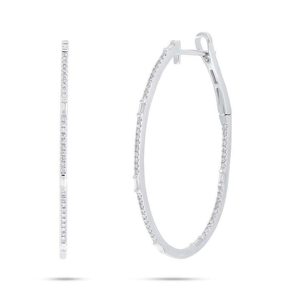 14K White Gold Round and Baguette Diamond Oval Hoop Earrings