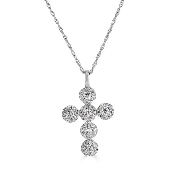 14K White Gold Diamond Halo Cross Necklace-Necklaces-Maurice's Jewelers-