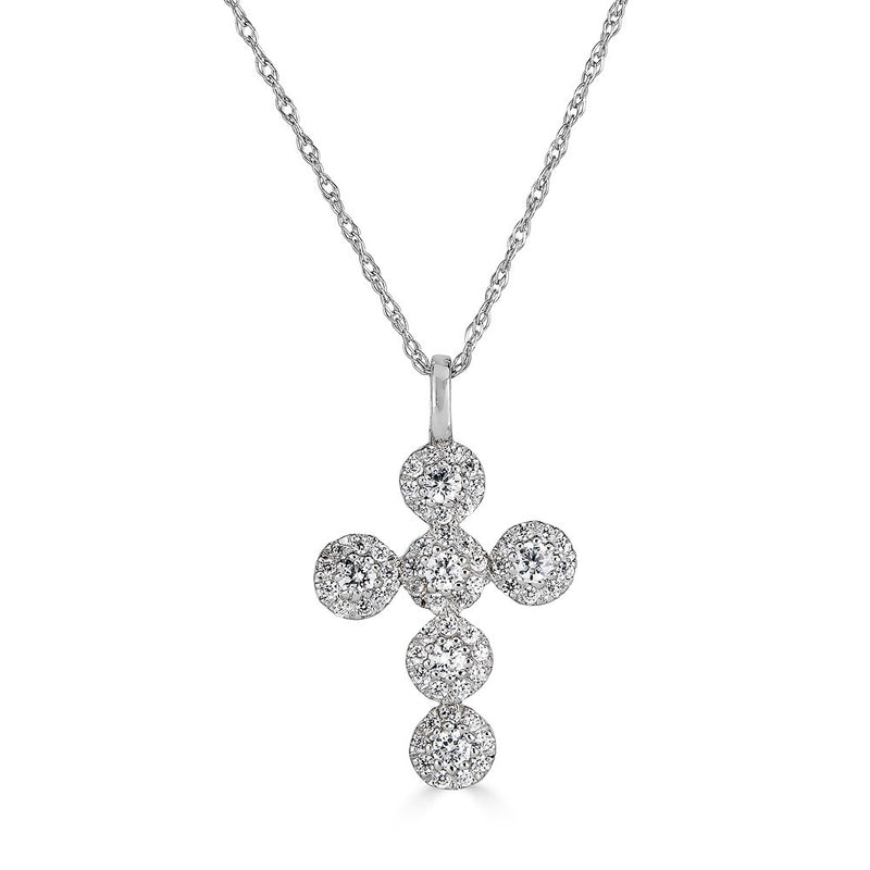 14K White Gold Diamond Halo Cross Necklace