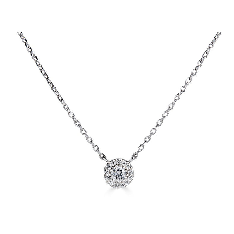 14K White Gold Diamond Halo Solitaire Necklace