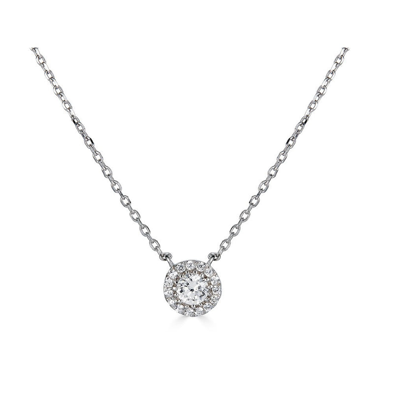 14K White Gold Diamond Halo Solitaire Necklace