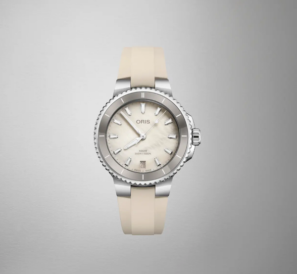 Oris Aquis Date Ladies 36.5Mm Ceramic Watch, White Dial & Rubber Strap