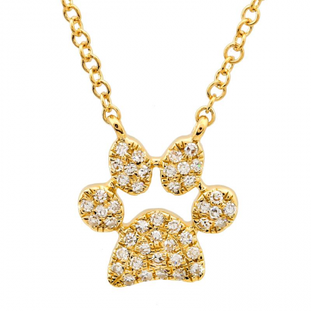 14K Yellow Gold Diamond Dog Paw Print Necklace